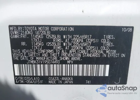 2009 Toyota Rav4 Limited V6 z USA, uszkodzony, nr VIN JTMBK31V195074493